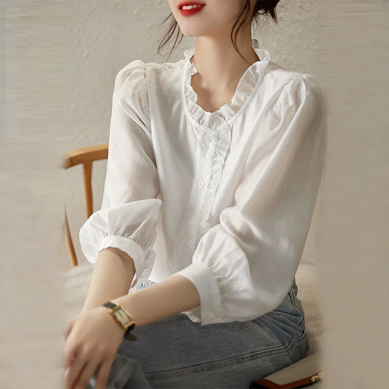 Women Korean Fashion Ruffle Button Shirts Elegant Chic Stand Collar 3/4 Sleeve Blouse Vintage Solid Loose Tops Blusas Mujer 2024