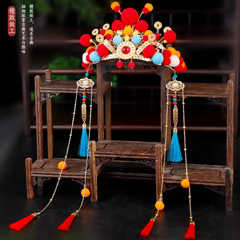 Chinese New Year Pet Headdress Opera Style God Of Wealth Red Pom Pom Long Tassels Coin Charms Festive Costume Accessory For Pets