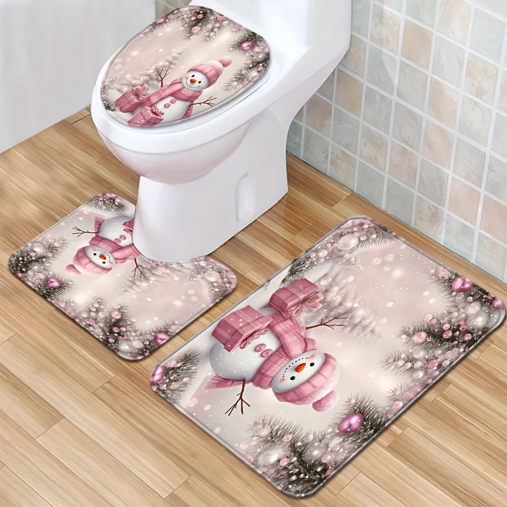 

Cartoon Christmas Pink Cute Snowman Bathroom 3Pcs/set Mats Home Flannel Decorations Accessories Floor Rugs Toilet Cover 40*60 CM