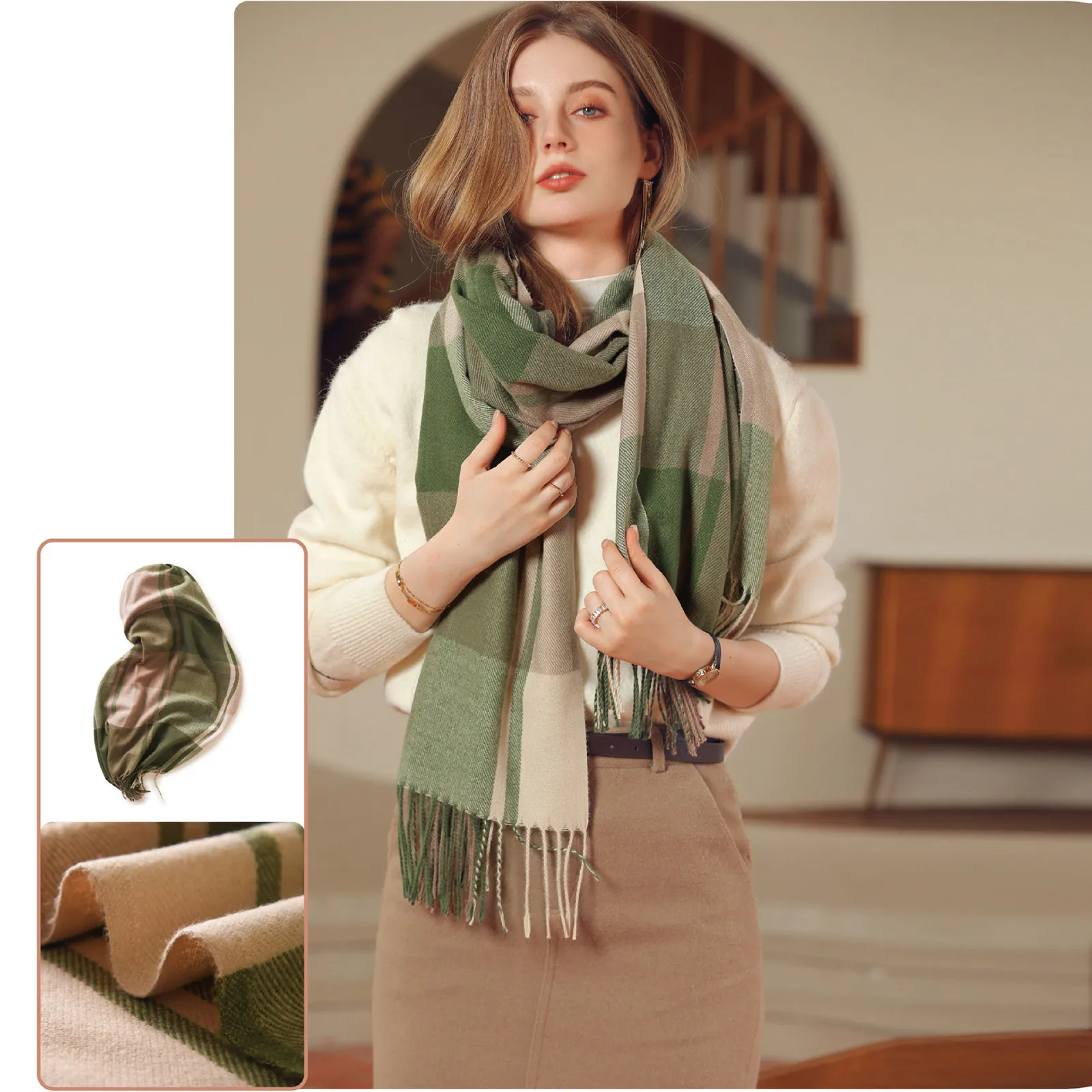 

Plaid Scarf Winter Warm Cashmere Women Long Pashmina Foulard Female Scarves Lady Tassel Shawl Wraps Travel Poncho Blanket