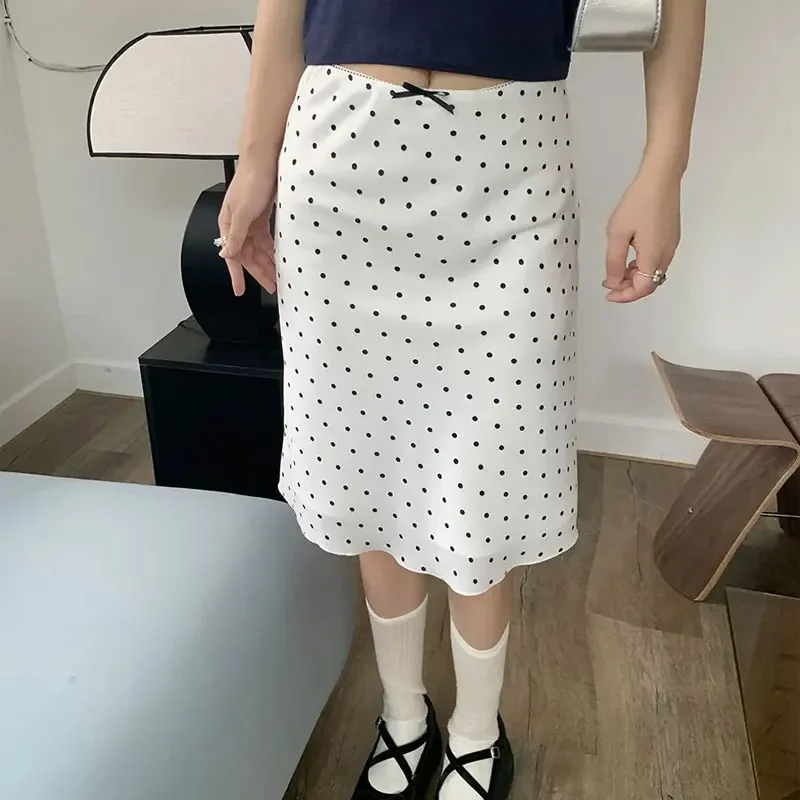 

Стильные юбки-трапеции в горошек с эффектом «аура», весна-лето, новая элегантная женская одежда в корейском стиле, с завышенной талией, с бантом, базовые, до колена