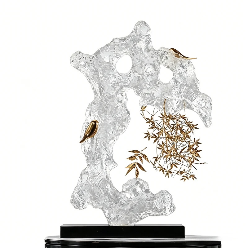 *#Q  Customized Transparent Resin Gold Plated Hand-painted Artistic Sculpture Luxury Green White Gradient Floral Birds Modern&