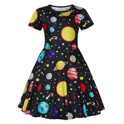 女の子の半袖プリントドレス、ラインスカート、遊星プリント服、星空、夏