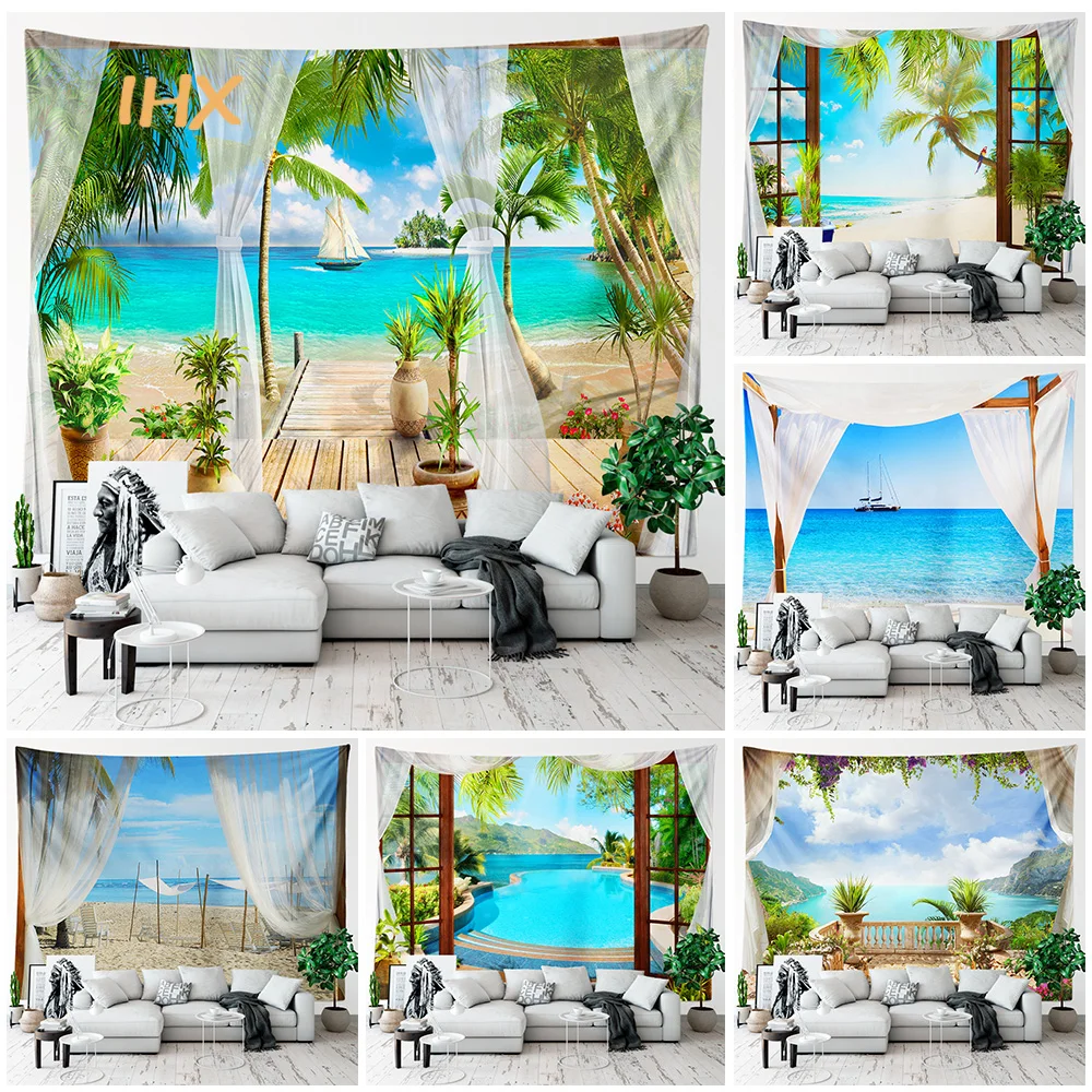

3D Window Background Large Wall Tapestry Aesthetic Room Decor Boho Ocean Landscape Tapestry Wall Hanging Bedroom Decoration Home