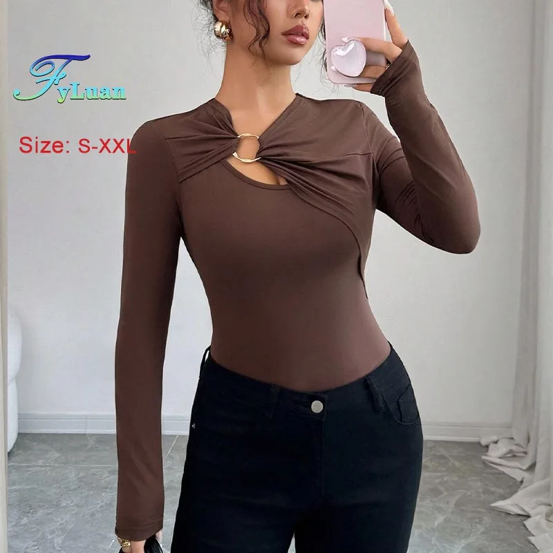 

Autumn Long Sleeve T-Shirt Asymmetrical Collar Hollow Out Metal Ring Decoration Slimming Tops Lady Solid Color Bodycon Pullover