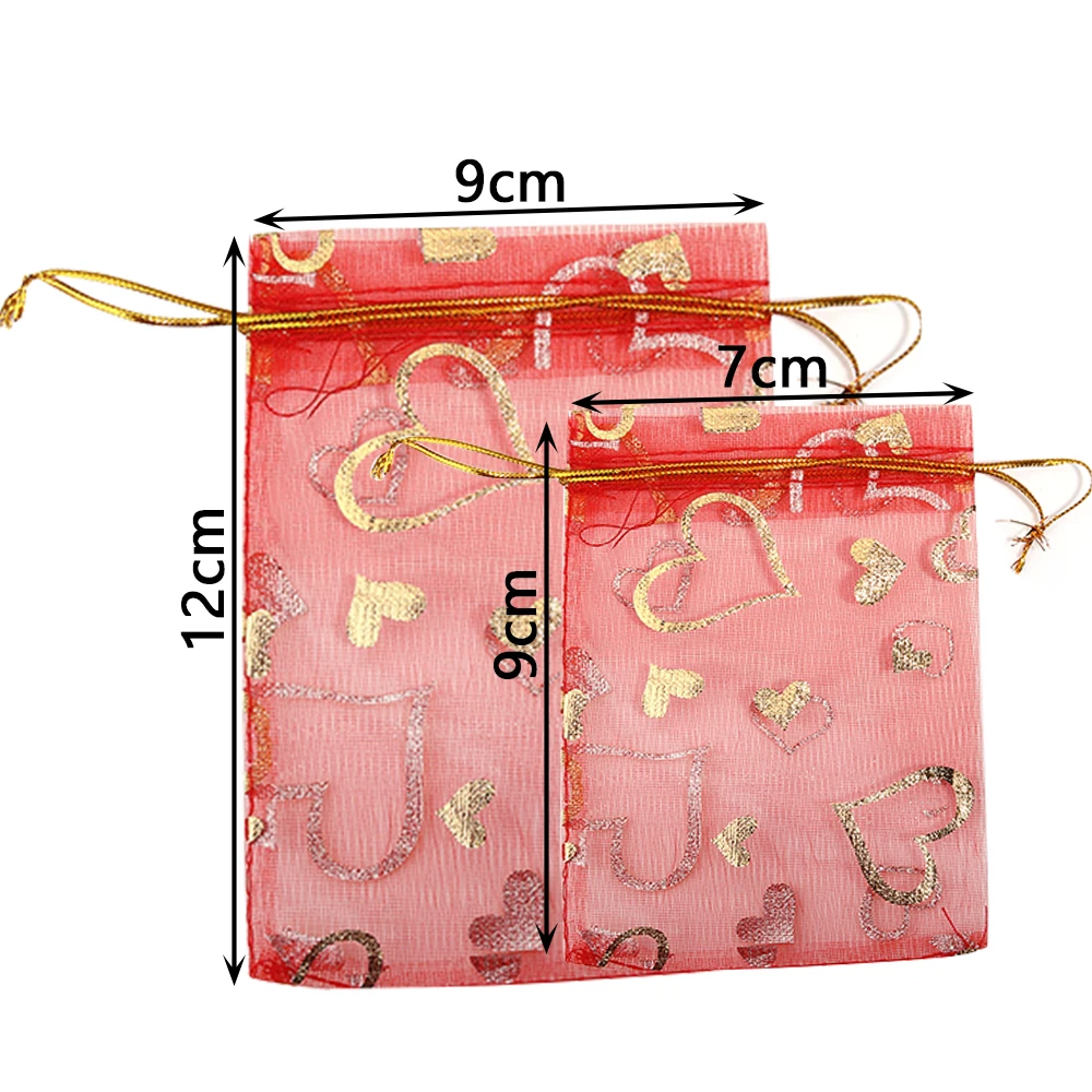 10pcs Hot Printing Organza Gift Bag  Mini Sachet Gold Color Drawstring Bag For Jewelry Heart Drawstring Packaging Pouches