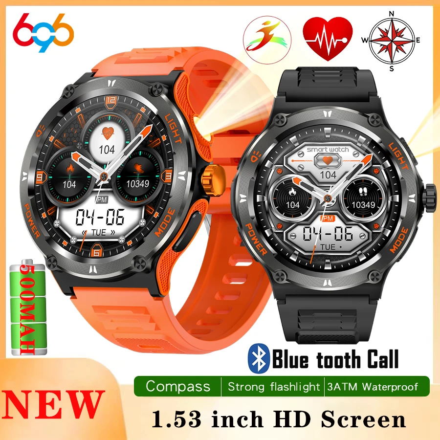 Outdoor Men Women Sports Smart Watches Strong Flashlight SOS Seek Help Mode Compass Blue Tooth Call 3ATM Waterproof Smartwatch