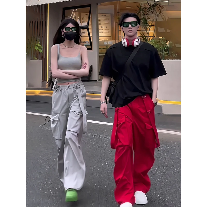 

Мужские рабочие брюки цвета красного вина с ремнями, в американском стиле High Street, хип-хоп, прямые широкие штанины, модные брендовые повседневные брюки