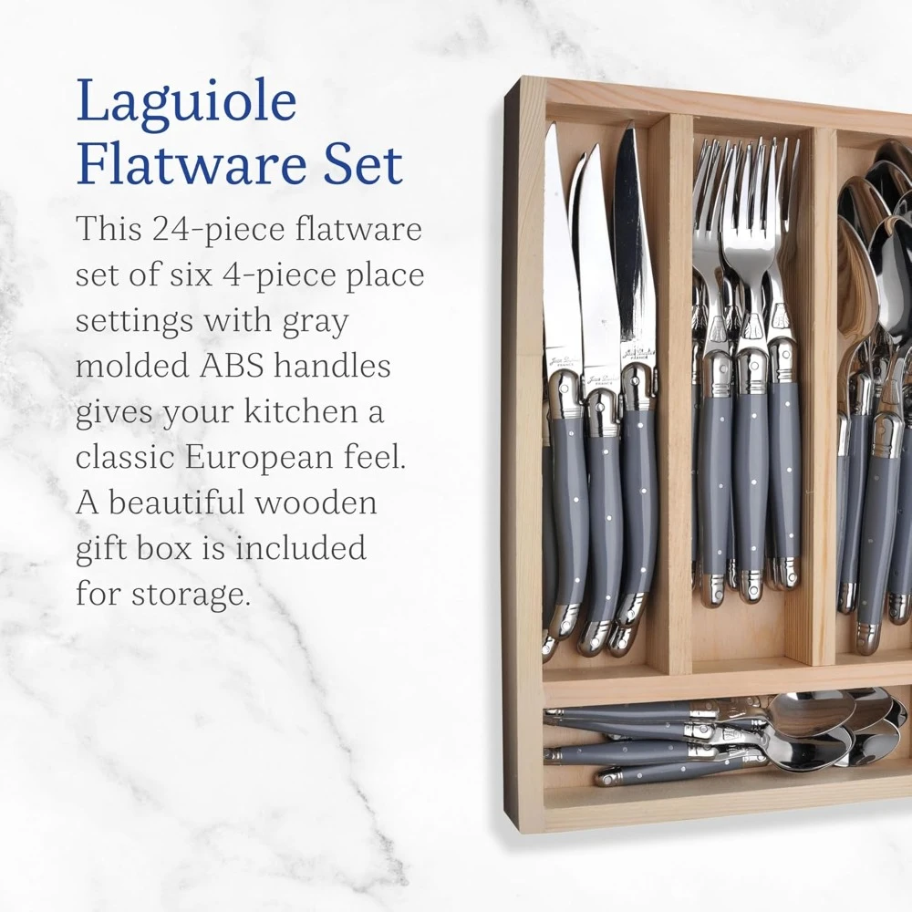 Laguiole 24-Piece Everyday Flatware Set, Gray Handles - Rust-Resistant Stainless Steel - Includes Wooden Tray - Made