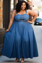 Robe en denim grande taille pour femme, jupe en denim à bretelles, robes maxi décontractées, ensemble de boutons bleus, 1XL-5XL, 03, 2024