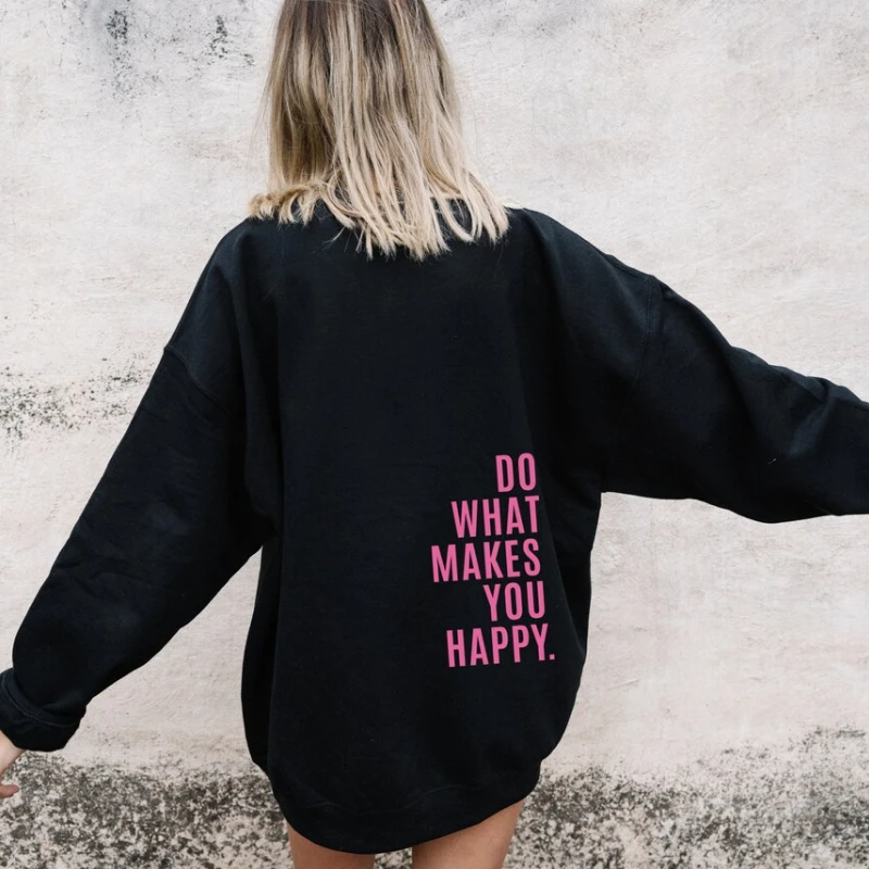 Women Black Hooded Letter Print Pullover Chic Casual Loose Streetwear Hoodies Sweatshirt Autumn Fashion Long Sleeve Outwear