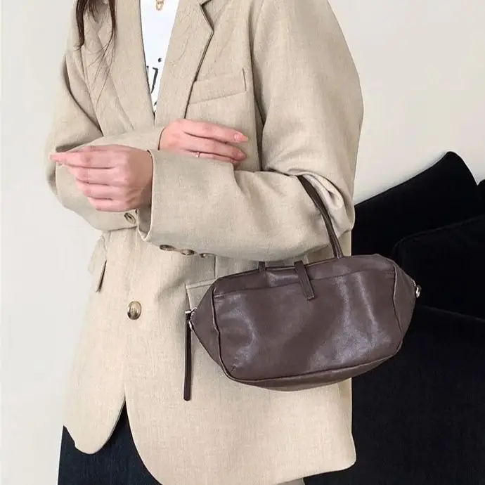 Sheepskin Retro Bowling Bag: Vintage-style Crossbody Handbag Soft Spacious, Durable Boston-style Pillow Bag Women