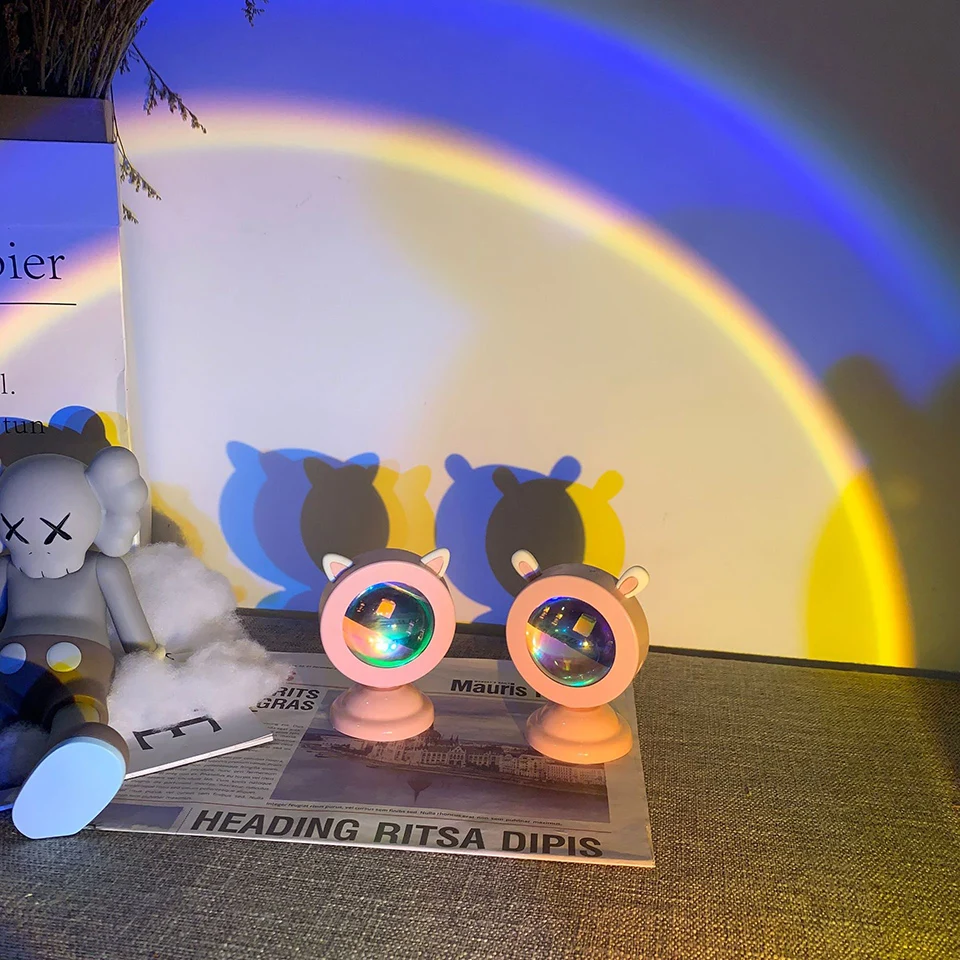 USB LED Sunset Lamp Projector, luz noturna para decoração do quarto, lâmpada de mesa atmosfera adorável, estilo mini gato animal, fofo, novo