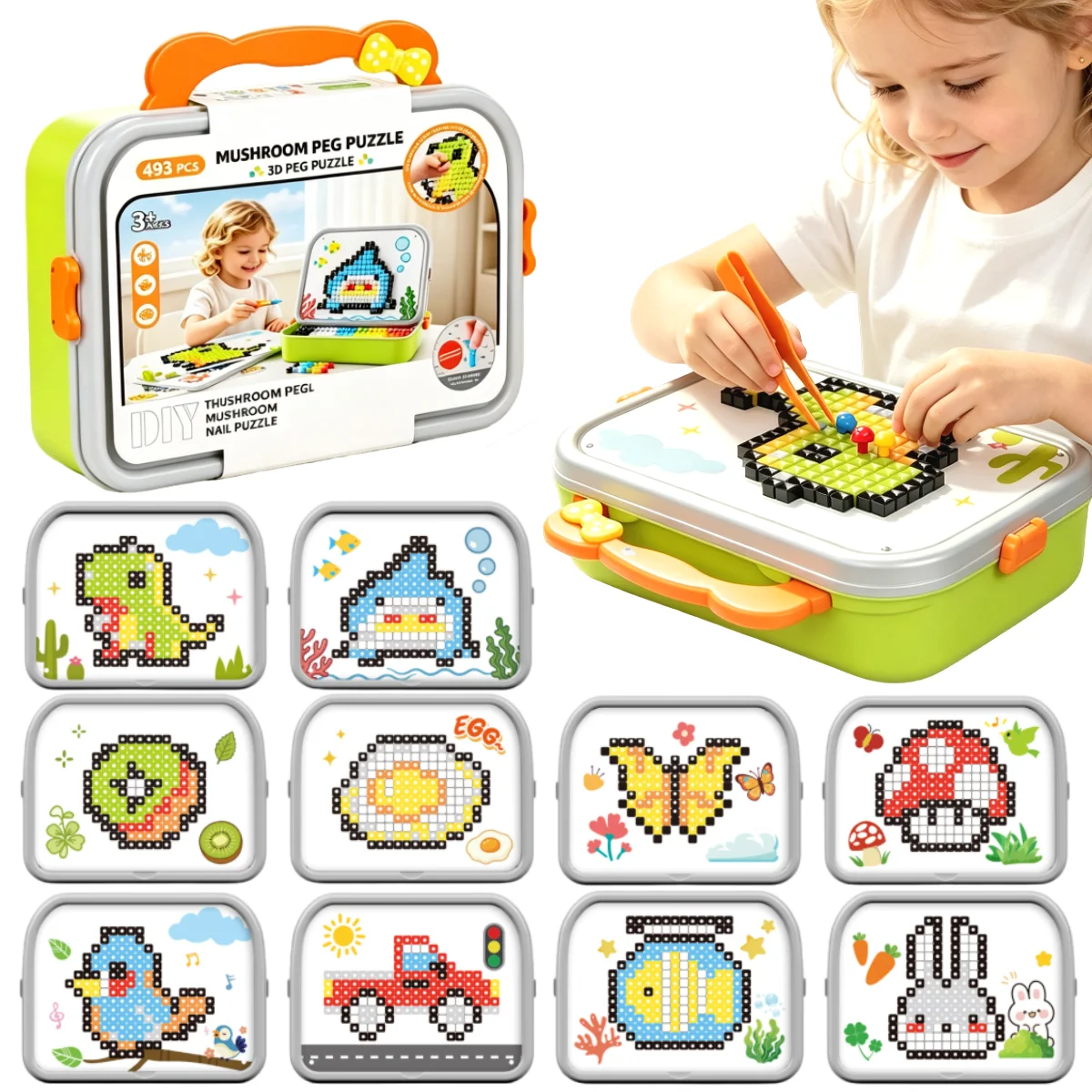 `493Pcs 3D Mushroom Peg Puzzle, Kids DIY Building Pegboard Game with Portable Storage Box, Educational Assembly Toy for Children