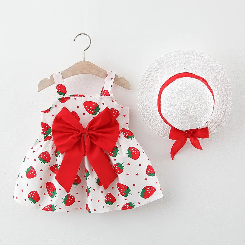 Baby Girl Dress Cute Strawberry Printed Princess Dress Vacation Style Baby Girl Clothes Send Hat