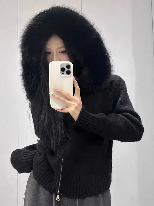 Chic Autumn Winter Loose Casual Versatile Long Sleeve Large Fur Collar Hooded Knitted Sweater Coat Women's Fashion Outerwear