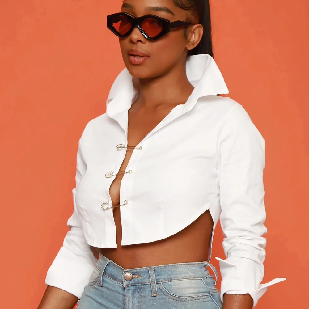 

Queen Sle Hollow out Long Sve Pin irt Women's Faion Summer New Arrival Cross-Border Cotton Blend Slim Fit irt