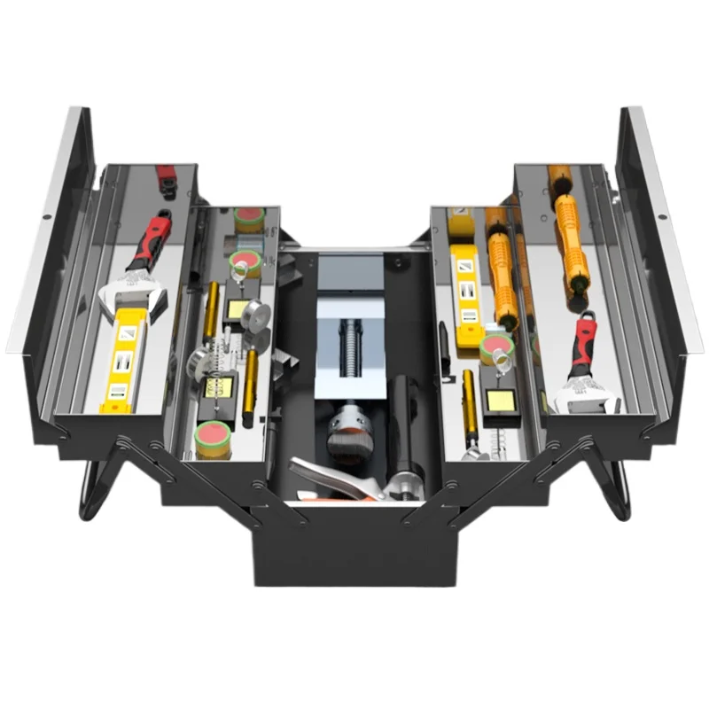 กล่องเครื่องมือกล่องเก็บสแตนเลสหลายชั้นฮาร์ดแวร์ในครัวเรือนกล่องเหล็กพร้อมล็อคกล่องเครื่องมือรถพับ