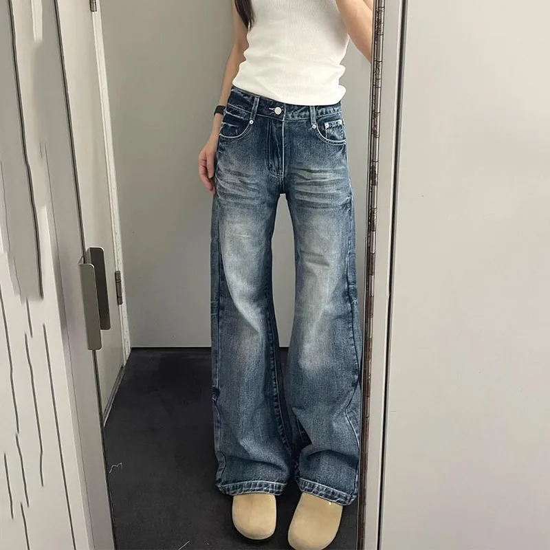 

Vintage Blue Wide Leg Jeans Women Korean High Waisted Slimming Washed Denim Pants Woman Spring Summer New Bootcut Flare Trousers