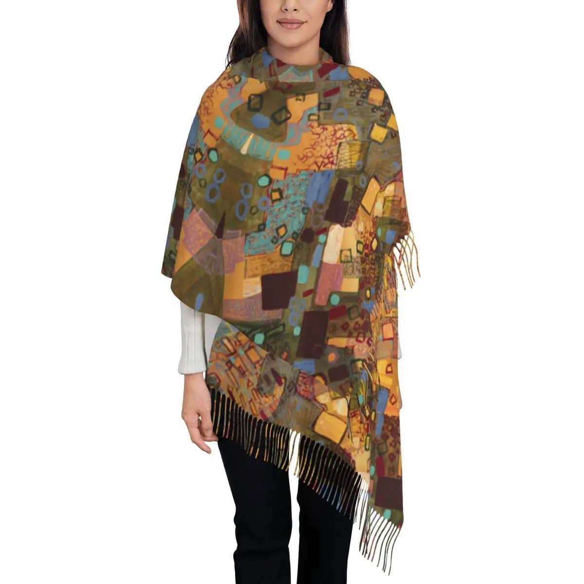 

Oil Painting Scarf with Long Tassel Abstract Drawing Warm Soft Shawl Wrap Ladies New Design Scarves Wraps Winter Vintage Bandana