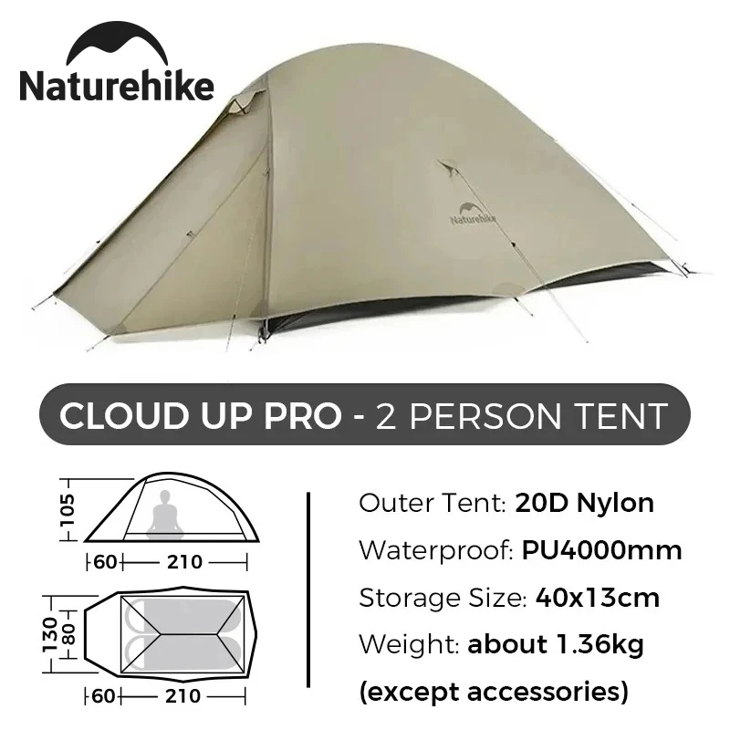 Naturehike Cloud Up Pro Campingzelt für 2 Personen, 20D Nylon, ultraleicht, tragbar, wasserdicht, für Outdoor, Bergsteigen, Radfahren