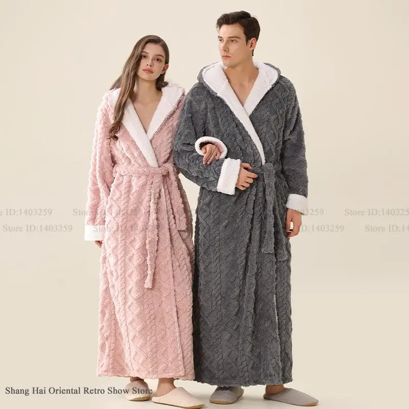 Gruby Flanelowy Szlafrok z Kapturem dla Pary, Długi, Jesienno-Zimowy, Ciepły, Domowy, Negliż, Polar Koralowy, Odzież Wypoczynkowa