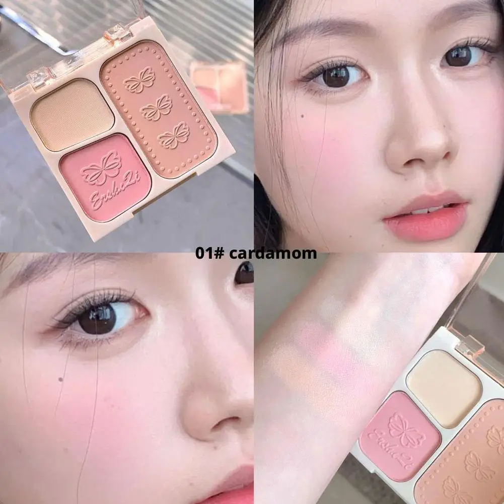 Blush a 3 colori Resa cromatica naturale Polvere delicata non volante Trucco viso naturale Matte Peach Rouge Contour Shadow Palette