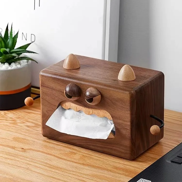 Little monster tissue box black walnut ins wind creative desktop retro wooden napkin storage box