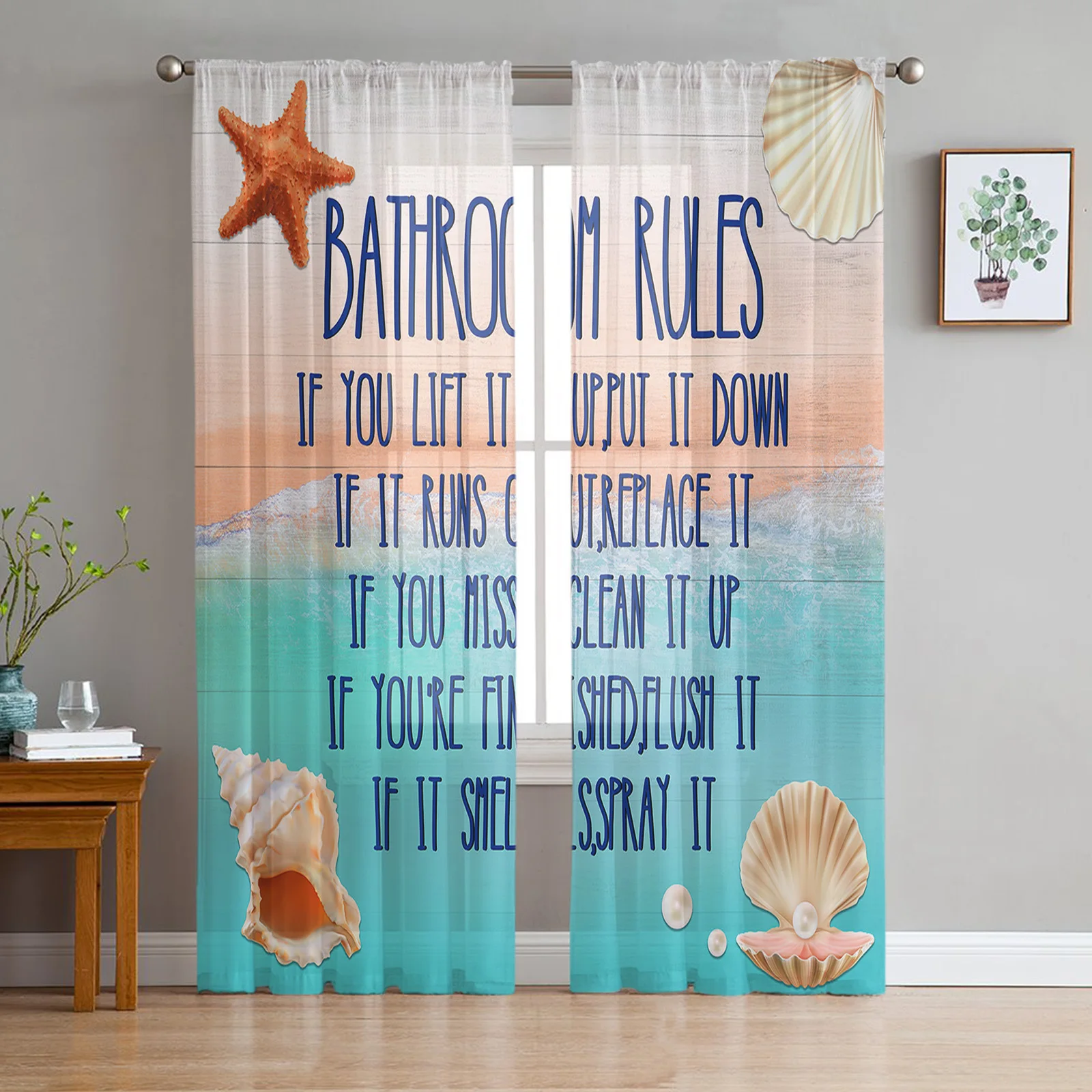 

Beach Wood Grain Starfish Shells Sheer Curtains For Living Room Bedroom Kitchen Decoration Window Voiles Organza Tulle Curtain