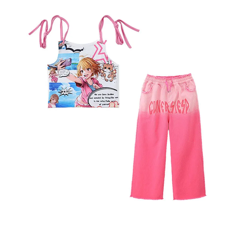 Abbigliamento hip-hop Kpop carino per bambini Canotta corta in pizzo con stampa bianca Pantaloni con orlo grezzo sfumato rosa per abiti da ballo di strada per ragazza