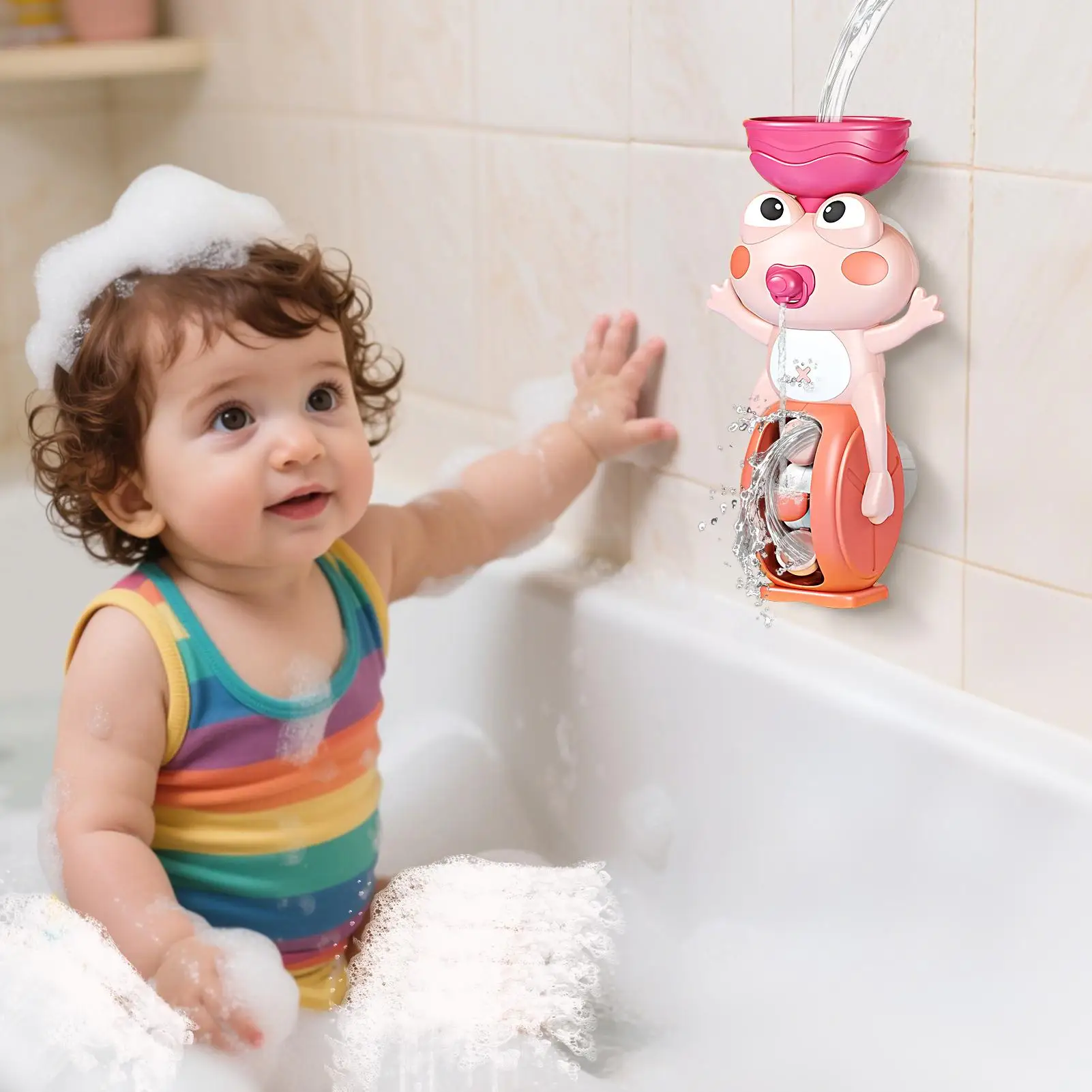 Tub Toys Waterfall Bathtub Toy Suction Cup Frog Shape Water Educational Game for Age 3 Boys Sensory Play Home Pool Travel Hotel