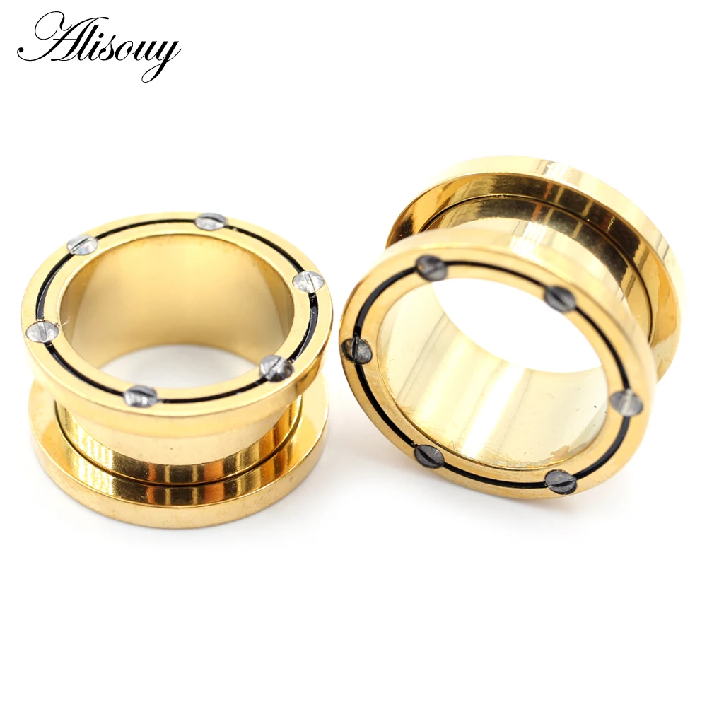 Alisouy 2PCS 8mm-25mm Gold Color Pulley Stainless Steel Ear Tunnels Plug Expander Stretcher Gauge Earrings Piercing Body Jewelry