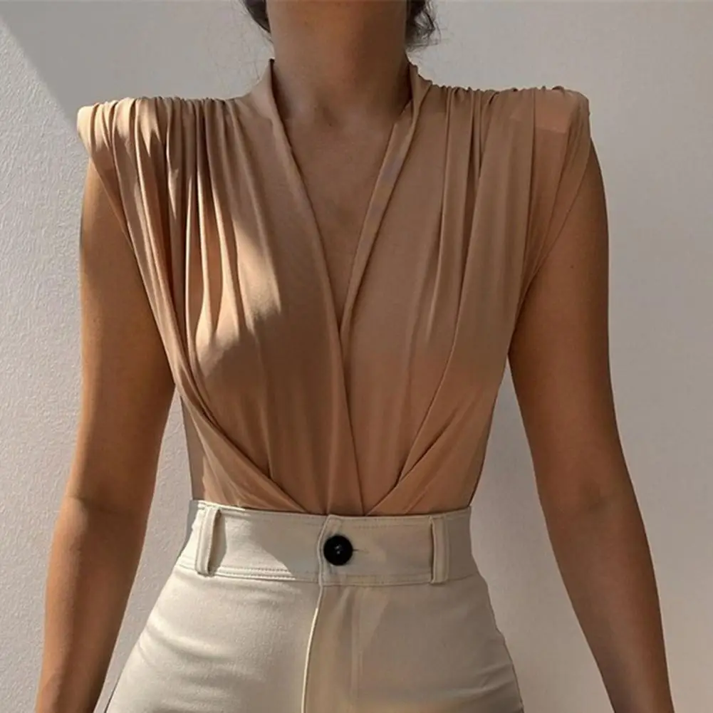 Office Women Blouse Top Tempting Solid Color Deep V Neck Sleeveless Layered Women Bodysuit Temperament Summer Blouse for Dating