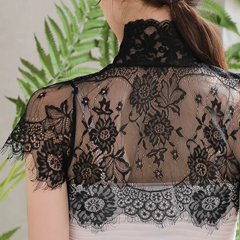 Women Detachable Fake Collar Half Shirt Blouse Sweet Crochet Sheer Eyelash Floral Lace Wedding Dress Dickey Neck Cover