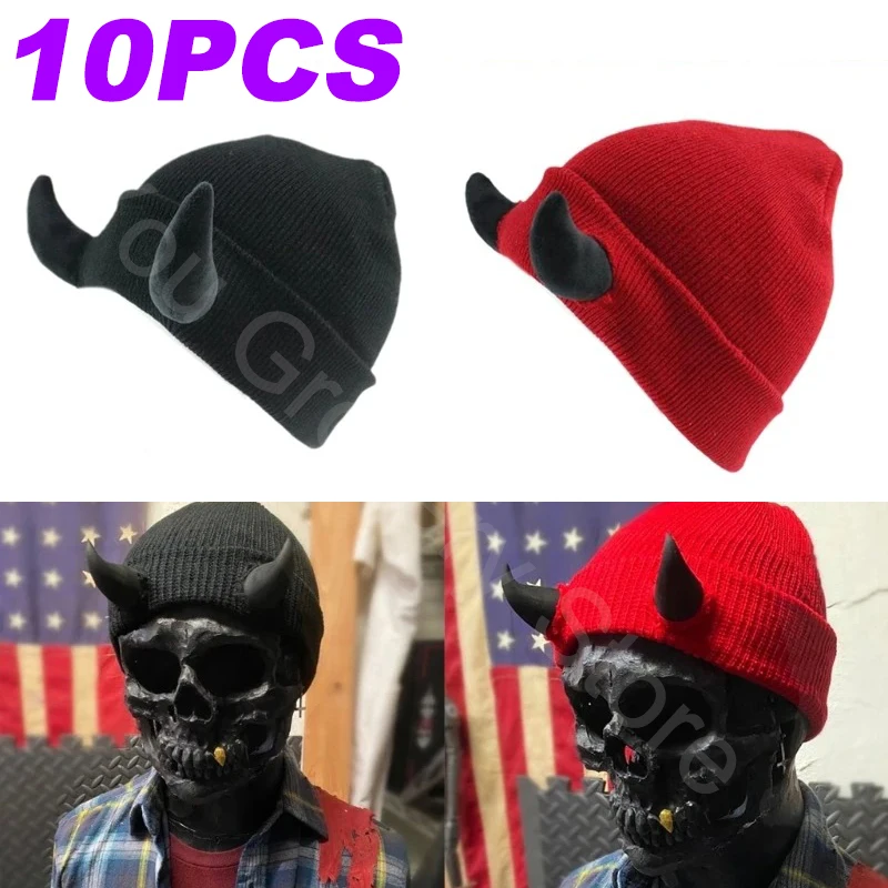 Sombrero de cuernos de diablo para Halloween, gorro de lana de punto cálido, envoltura de cabeza de cuerno de vaca, gorro cruzado, Hip-hop peculiar, nuevo, otoño e invierno