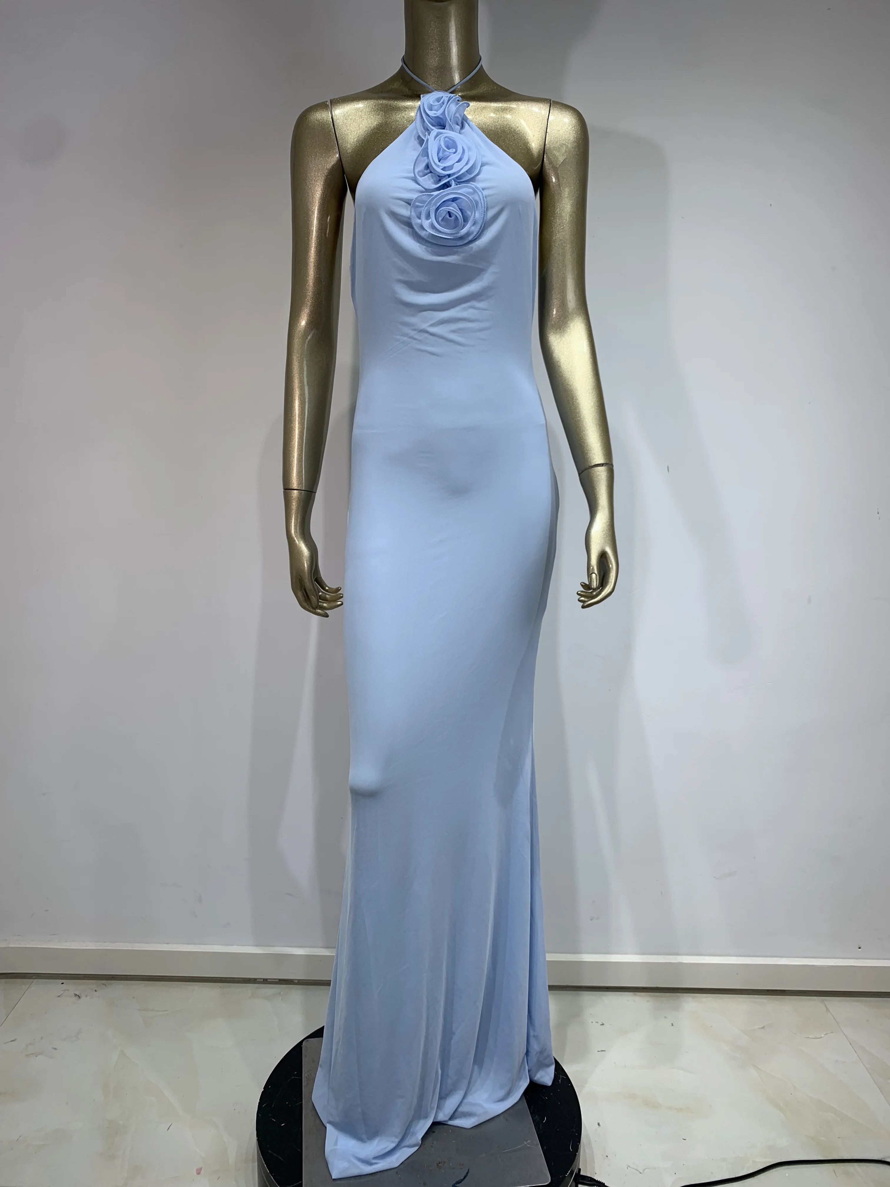 Women Celebrity Sexy Backless Halter Flower Sky Blue Maxi Long Gowns Dress 2024 Elegant Evening Party Club Dress Vestido