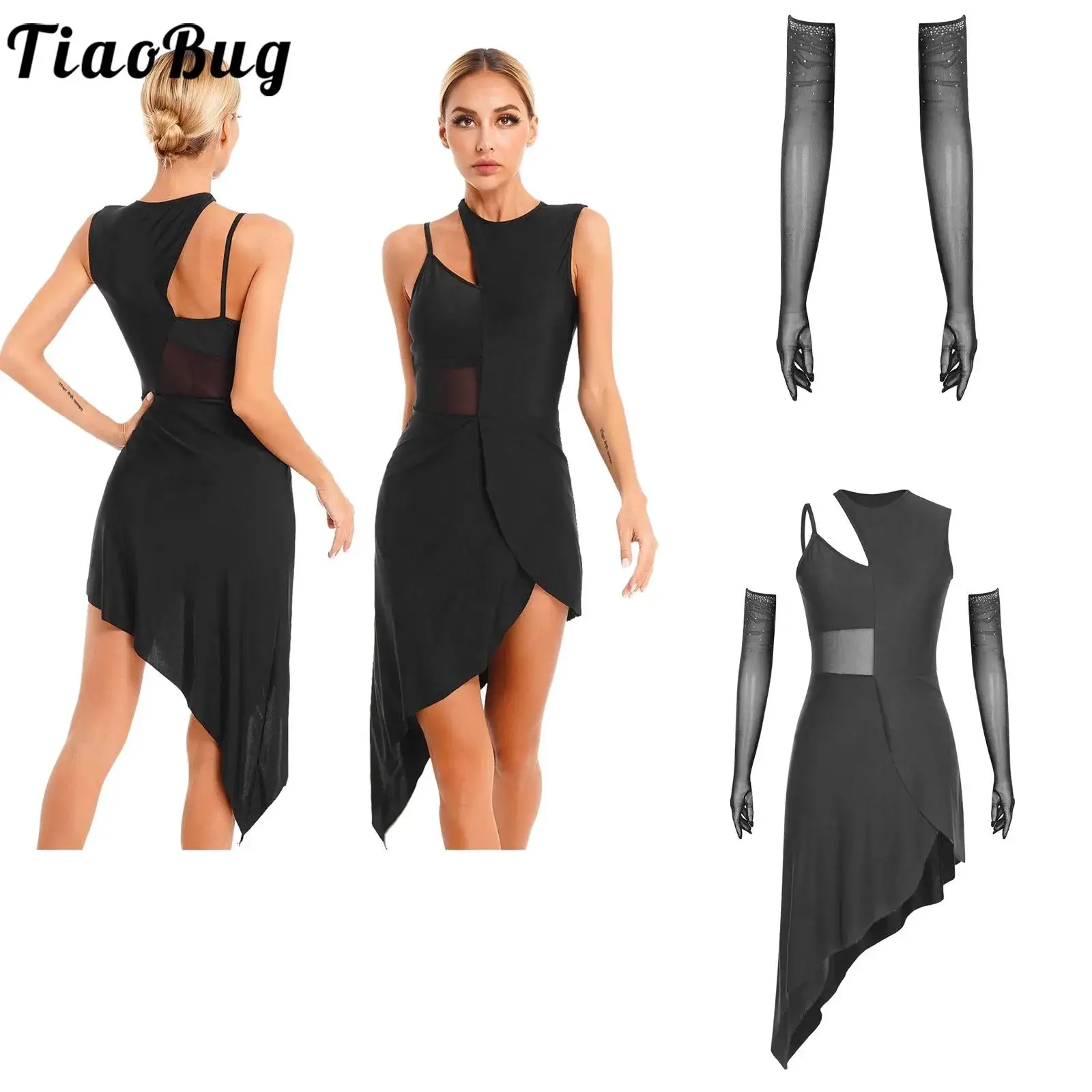 

Women Latin Jazz Modern Dance Dress Cha-cha Tango Samba Dancewear Sleeveless Irregular Dress with Full-finger Mesh Gloves Sets