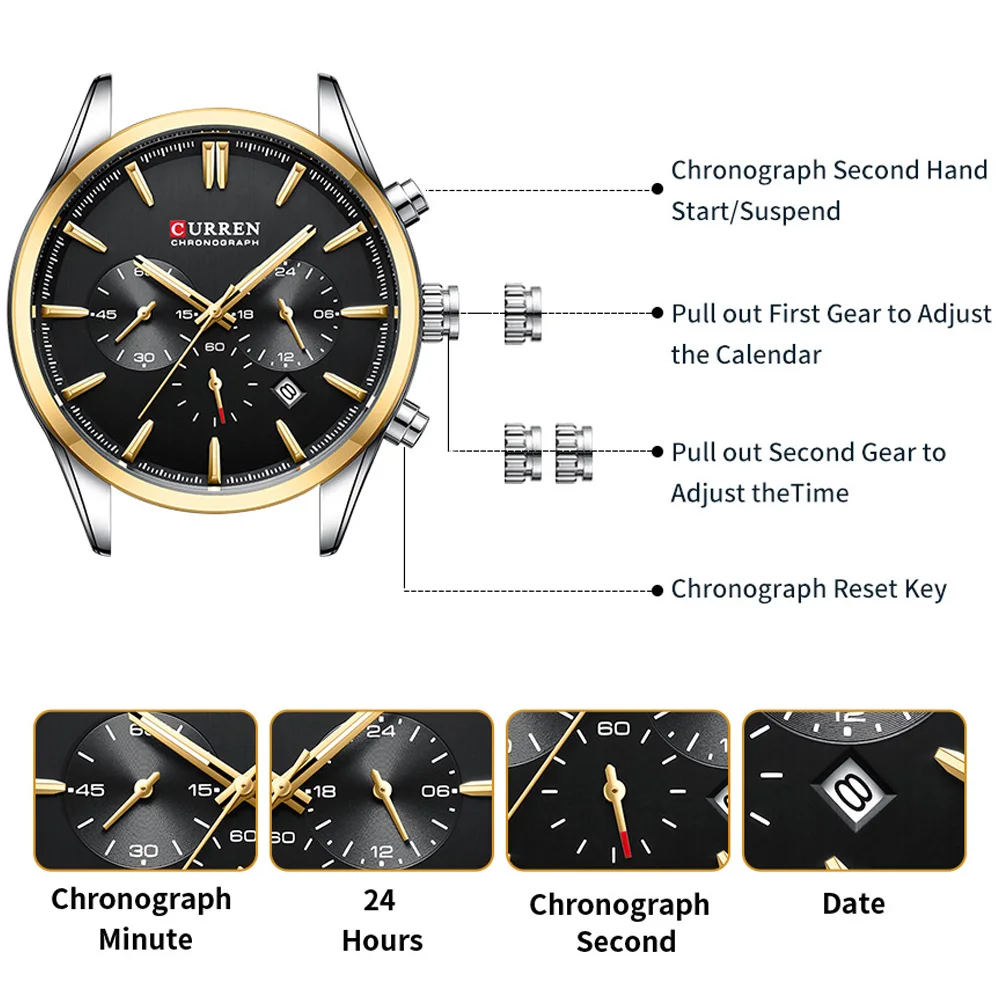 CURREN Brand New Sport Chronograph Mens Watches Top Brand Luxury Stainless Steel Quartz Clock Waterproof Big Dial with Calendar