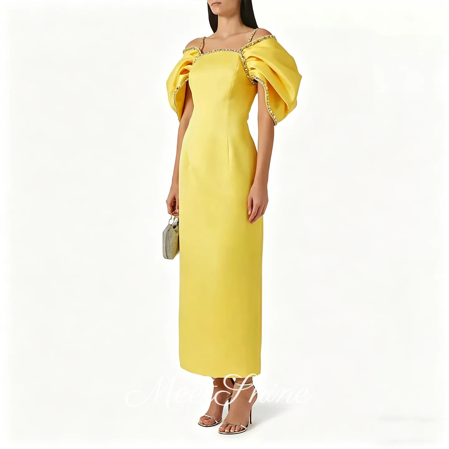 

Modern Yellow Crystal Spaghetti Straps Satin Evening Dresses Elegant Beading Long Straight Ankle Length Prom Dresses Customized