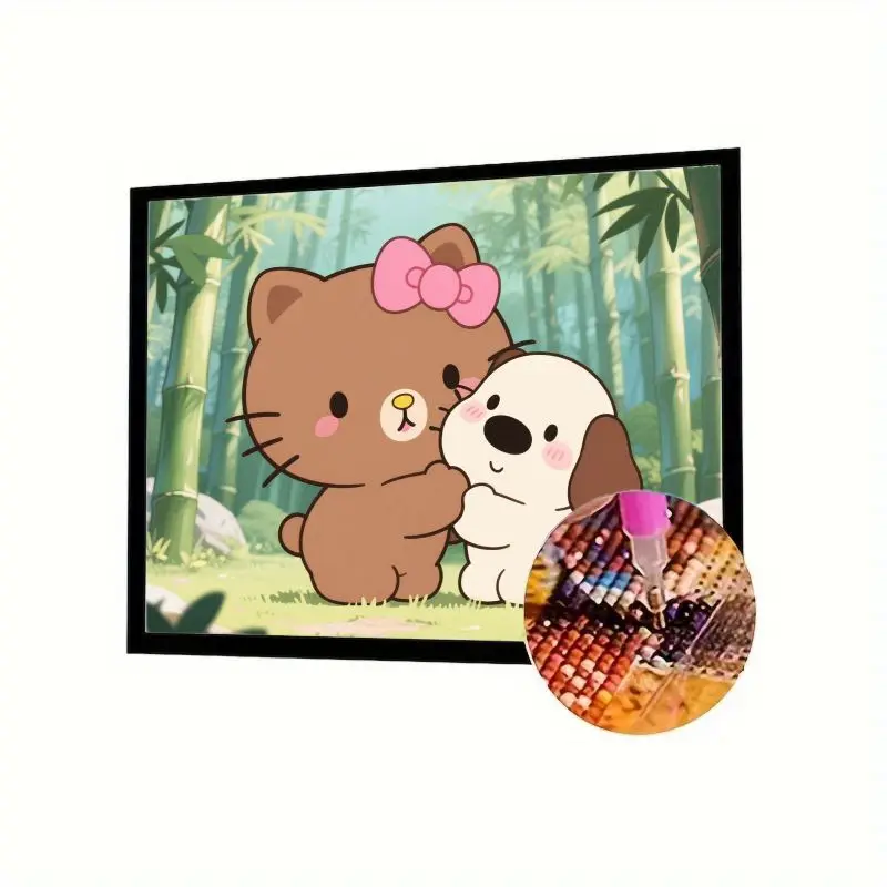 

1 шт. милый мультяшный кот с розовым бантом и щенком, обнимающий в бамбуковом лесу, 5D DIY, набор алмазной живописи с полной дрелью - Эмбр со стразами