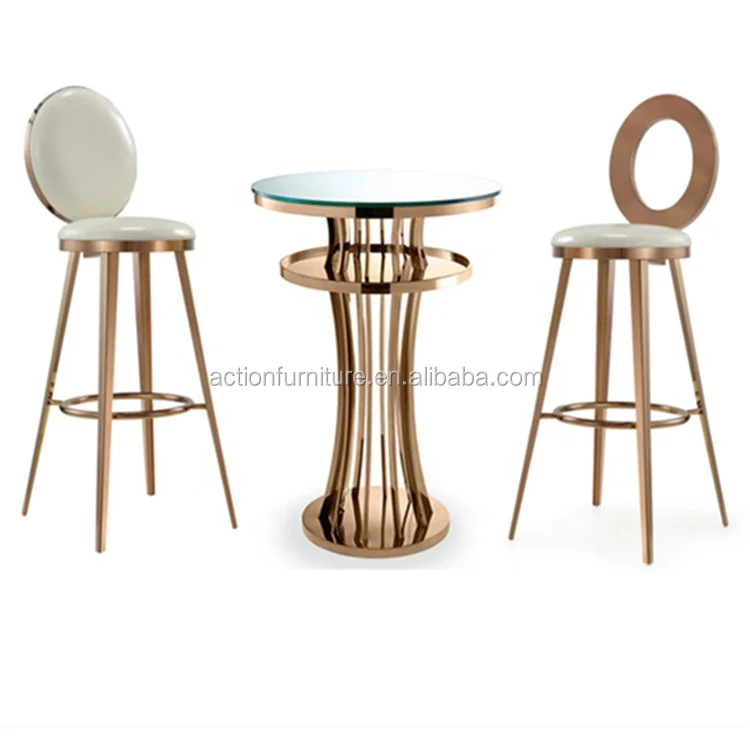 Conjunto de Mesa e Cadeiras, Redonda de Metal Industrial, Aço Inoxidável, Tampo de Vidro, Europeu, Retro, Moderno, Usado para Festa, Hotel, Usado