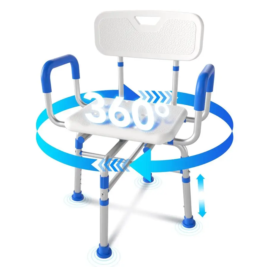 

Стул для душа с подлокотниками и спинкой, регулируемое сиденье для душа и ванны, выдерживающее нагрузку до 500 фунтов, вращающееся на 360 градусов.