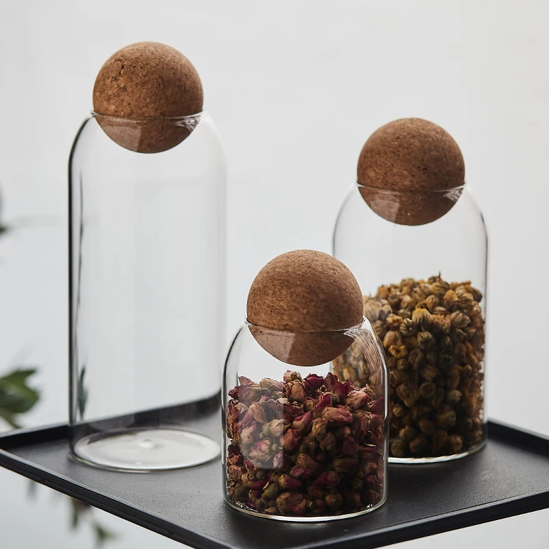 Hand-Blown Lead-Free High Borosilicate Glass Round Flower Tea  Storage Transparent Container Glass Jars with  Cork Stopper Lids