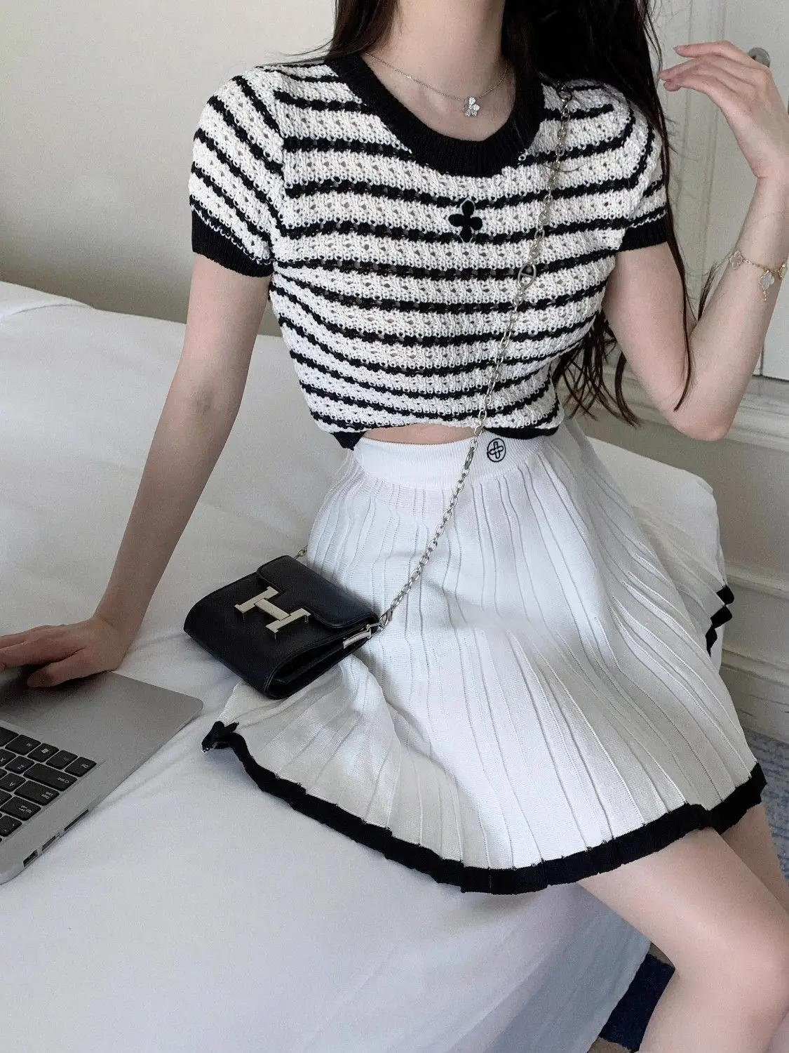 여성 플리츠 스커트, 하이웨이스트 A라인 스커트, 니트 스커트, 프레피 스타일, 여성 의류, 여름