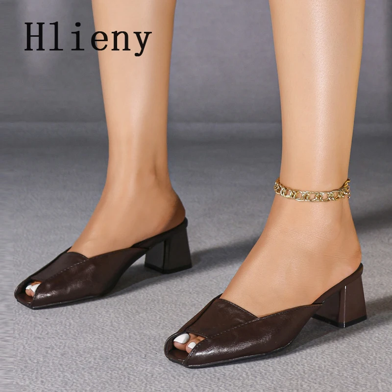 

Hlieny Fashion Peep Toe Women Slippers Low Heels PU Leather Banquets Elegant Sexy Ladies Mules Dress Shoes Female Sandal Size 43
