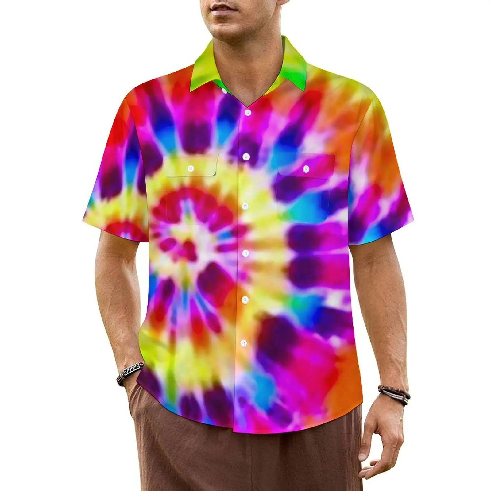 

Rainbow Tie Dye Hawaii Shirt For Man Beach Psychedelic Supernova Casual Shirts Short Sleeve Stylish Vintage Plus Size Blouses