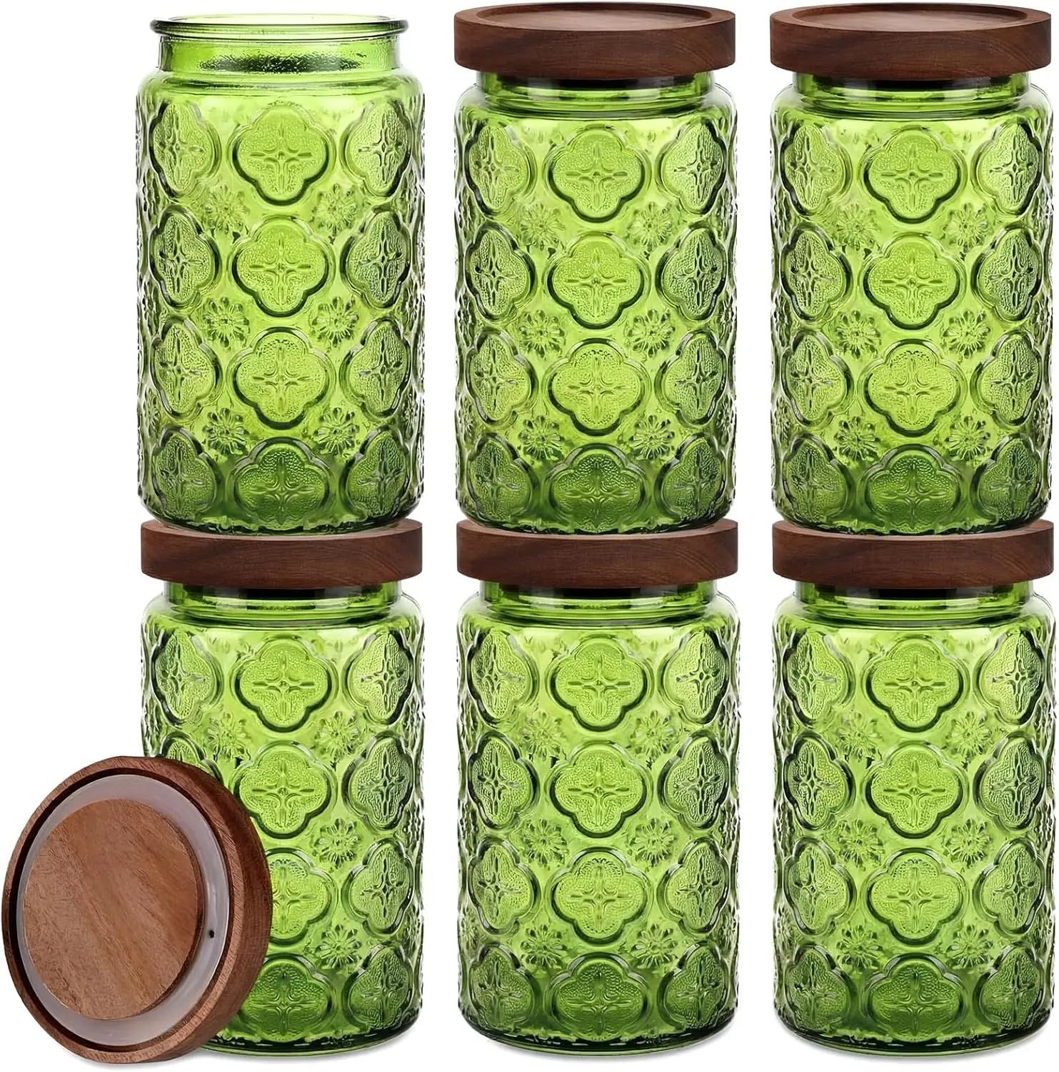 

6 Pack 33.8 Fl oz Vintage Glass Storage Canister Green Glass Jar with Seal Solid Wooden Lid Decorative Containers for Stor