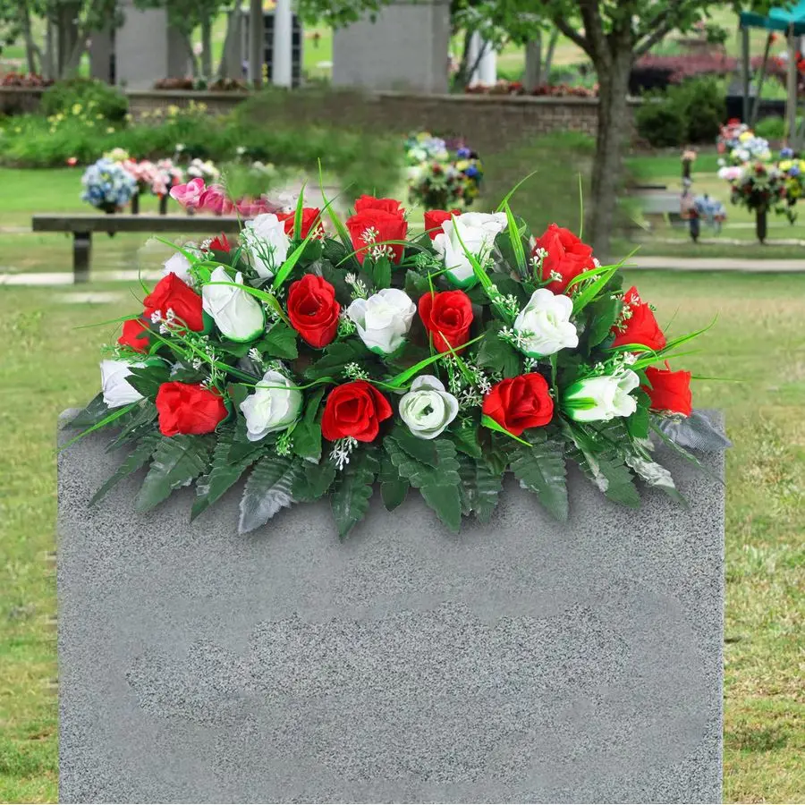 

Cemetery FlowerOutdoor Grave Saddle Headstone Decorations,Red and White Rose Memorial Day Flowers for gravesite Red and White