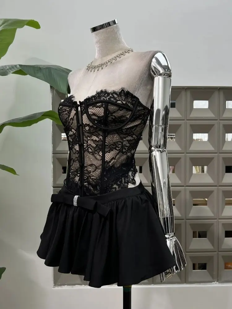 2025 Summer New Sexy Lace Corset Top+ Low Waist Flower Mini Skirt Set Women Elegant Party Nightclub Y2K Two Piece Dress Outfit