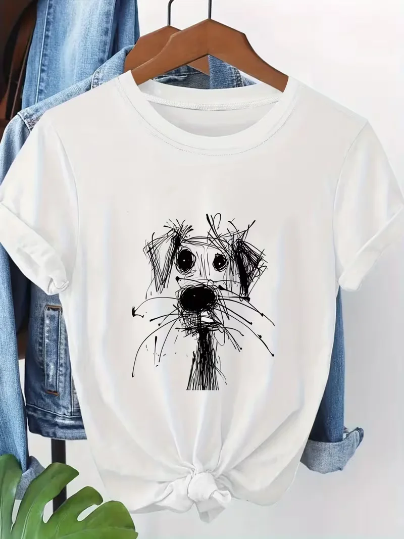 1pc Messy Scribble Dog Graphic T-Shirt, Minimalist Black Sketch Puppy Print Casual Soft Short Sleeve Unisex Top for Dog Lovers